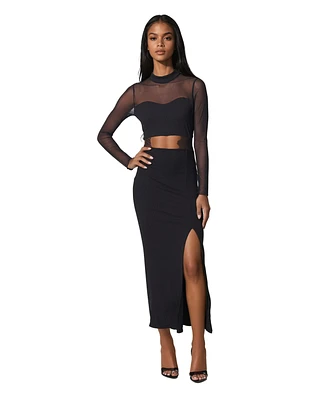 Bebe Women's Rib Mock Neck Maxi Dress with Powermesh