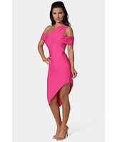 Bebe Women's Asymmetrical High Slit Bandage Midi Dress