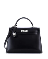 Pre-Owned Hermes Kelly 32 Handbag Black Box Calf with Palladium Hardware