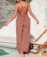 Cupshe Women's Striped Plunge Loose Leg Jumpsuit