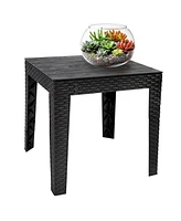Square Patio Side Table - 16.75" Outdoor End Table - Weather-Resistant - Black Faux Plank Tabletop