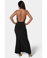 Bebe Women's Plunge Neck Halter Floor Length Dress