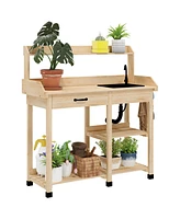 Outsunny Outdoor Garden Potting Bench Table with Hooks, Natural Wood