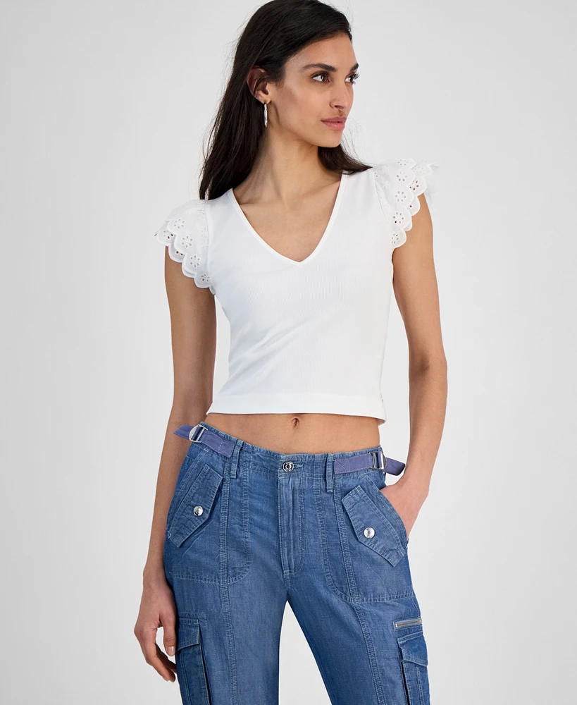 Guess Women's Dahlia Sangallo Mixed-Media Top