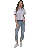 Karl Lagerfeld Paris Women's Poplin Short-Sleeve Button-Front Top
