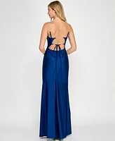 Crystal Doll Juniors' Rhinestone-Strap Lace-Up-Back Gown