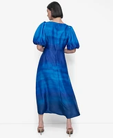 Dkny Women's Printed Satin Puff-Sleeve Midi Dress