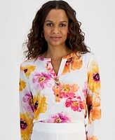 I.n.c. International Concepts Petite Floral Henley Top, Exclusively at Macy's