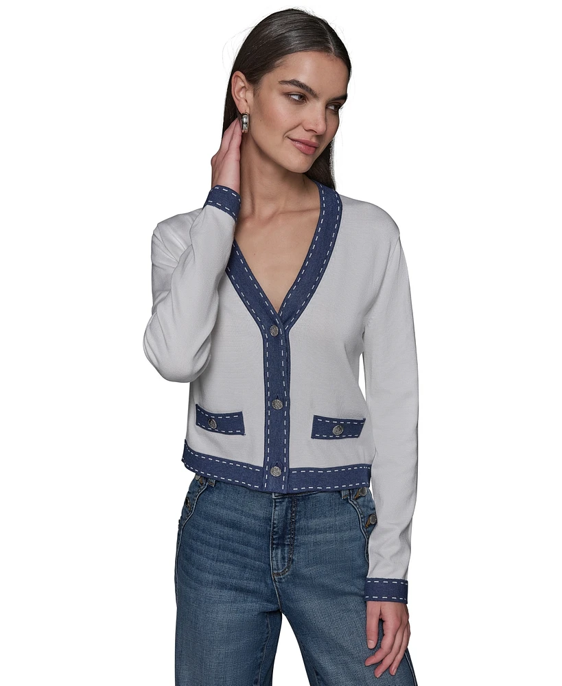 Karl Lagerfeld Paris Women's Contrast-Trim V-Neck Cardigan