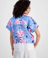 Charter Club Petite 100% Linen Floral-Print Tie-Front Shirt, Exclusively at Macy's