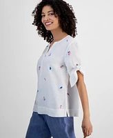 Charter Club Petite Floral-Embroidered Linen Tie-Sleeve Top, Exclusively at Macy's