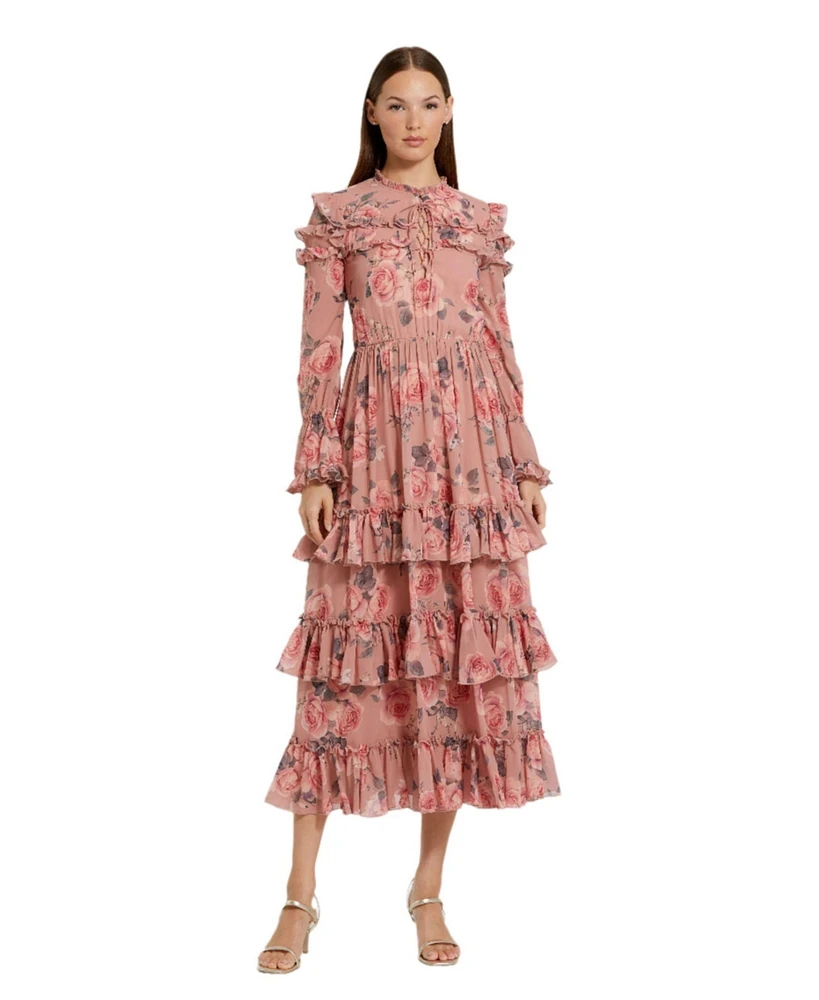 Mac Duggal Women's Long Sleeve Lace Up Front Tiered Ruffle Dress