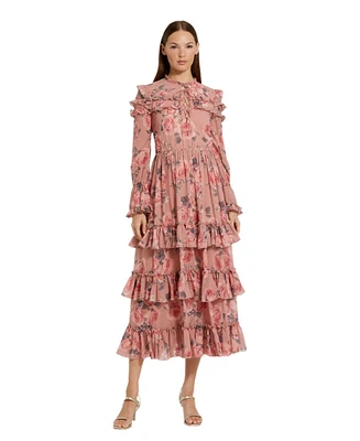 Mac Duggal Women's Long Sleeve Lace Up Front Tiered Ruffle Dress