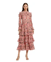 Mac Duggal Women's Long Sleeve Lace Up Front Tiered Ruffle Dress