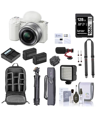 Sony Zv-E10 Mirrorless Camera with 16-50mm Lens, White 128GB Sd Card, Backpack, Extra Battery, Charger, Tripod, Strap, Microphone, Screen Protector, L