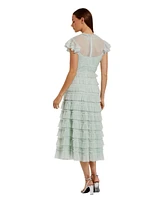 Mac Duggal Women's Solid Mesh Dot Micro Ruffle High Neck Midi Dress