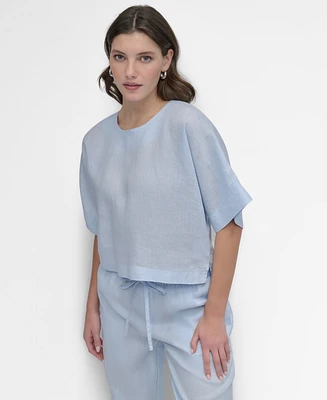 Dkny Linen Drop Shoulder Short Sleeve Top