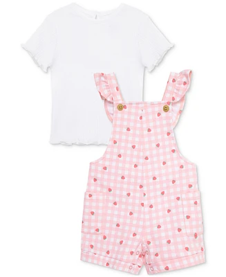 Little Me Baby Girls 2-Pc. T-Shirt & Strawberry Check Shortall Set