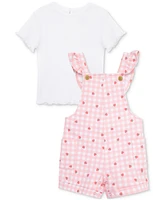 Little Me Baby Girls 2-Pc. T-Shirt & Strawberry Check Shortall Set