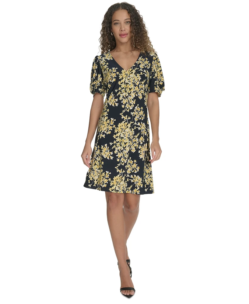 Tommy Hilfiger Women's Puff-Sleeve Printed V-Neck Dress