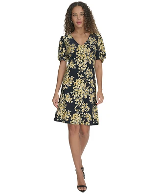Tommy Hilfiger Women's Puff-Sleeve Printed V-Neck Dress