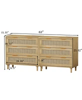 31.50"3-Drawers Rattan Storage Cabinet Rattan Drawer (Set of 2),for Bedroom,Living Room,Dining Room,Hallways,Oak