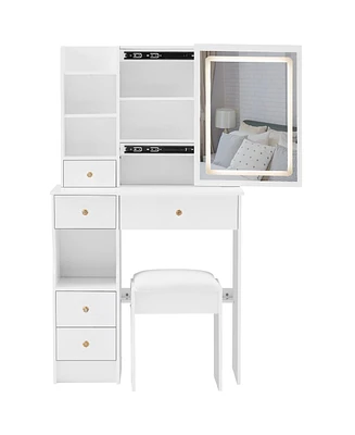 50.40"Small Size Left Drawer Desktop Vanity Table + Cushioned Stool, Touch Control Sliding Led Mirror, Tri-color Switching,White
