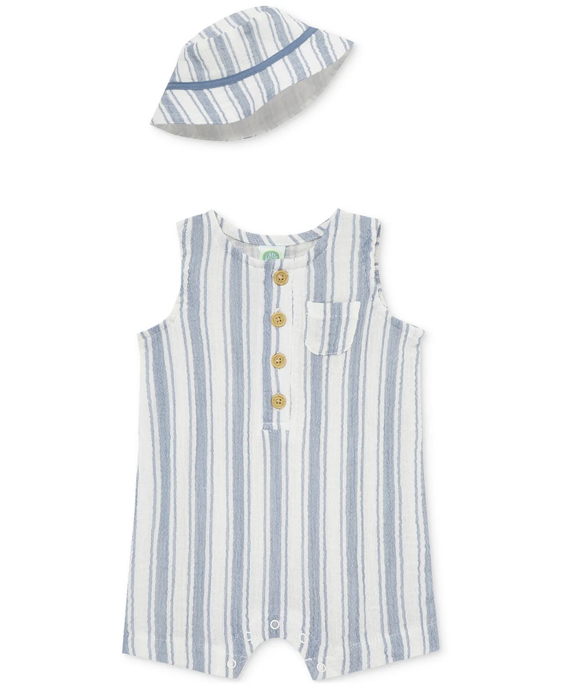 Little Me Baby Boys 2-Pc. Gauze Stripe Romper & Bucket Hat Set