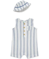 Little Me Baby Boys 2-Pc. Gauze Stripe Romper & Bucket Hat Set