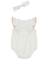Little Me Baby Girls 2-Pc. Gauze Embroidered Flowers Bubble Romper & Headband Set