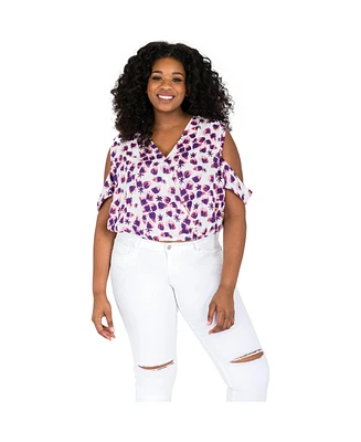 Poetic Justice Plus Leaf Print V-Back Cold Shoulder Cropped Tops