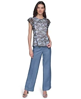 Karl Lagerfeld Paris Women's Mixed-Print Flutter-Sleeve Top
