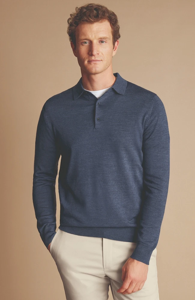 Charles Tyrwhitt Men's Merino Polo Long Sleeve Sweater