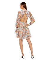 Mac Duggal Women's Floral Mesh Ruffle High Neck Mini Dress