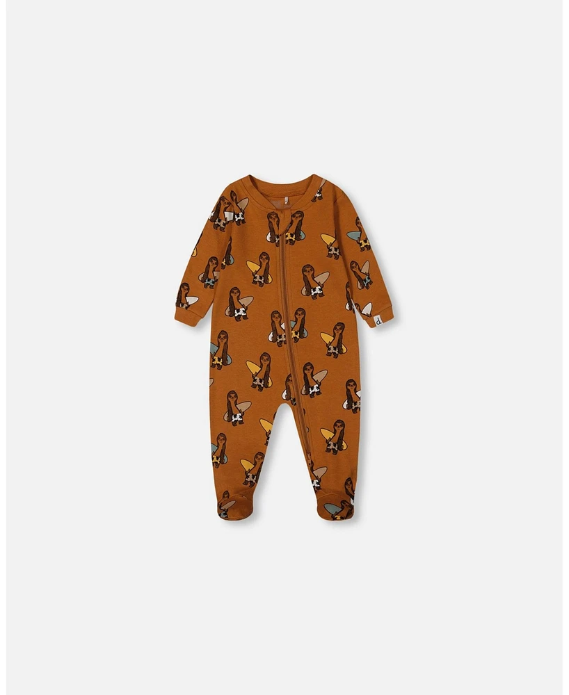 Deux par Baby Boys Printed Cotton One-Piece Pajama Sloths On Tan Background