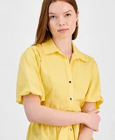 T Tahari Women's Puff-Sleeve Belted Tiered Shirtdress