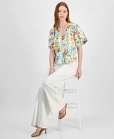 T Tahari Women's Floral-Print Embroidered V-Neck Blouse