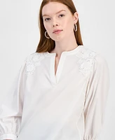 T Tahari Women's Lace-Trim Split-Neck 3/4-Sleeve Top