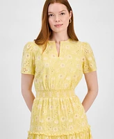 T Tahari Women's Cotton Eyelet Tiered Midi Dress