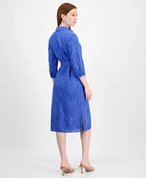 T Tahari Women's Embroidered Eyelet Belted Shirtdress