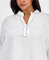Charter Club Plus 100% Linen Embroidered Top, Exclusively at Macy's