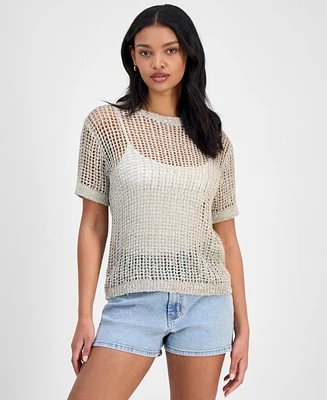 Bar Iii Women's Short-Sleeve Metallic Crochet Sweater, Exclusively at Macy's