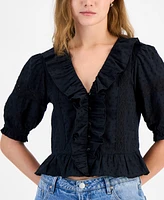 And Now This Petite Ruffled-Front Clip-Dot Cotton Top, Exclusively at Macy's