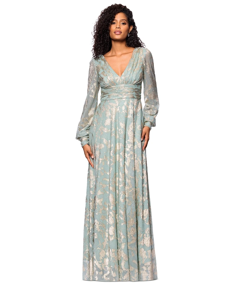 Betsy & Adam Women's Metallic V-Neck Ruched-Waist Gown