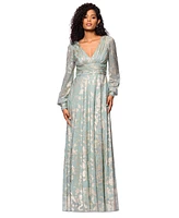 Betsy & Adam Women's Metallic V-Neck Ruched-Waist Gown
