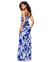 Betsy & Adam Women's Cowlneck Button-Trim Ruffled Gown