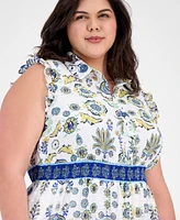 Anne Klein Plus Printed Smocked-Waist Patio Shirtdress
