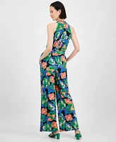 Tahari Petite Floral-Print Tie-Belt Crossover-Neck Jumpsuit