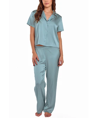 iCollection Women's Satin notch Shirt and Pant Pajama Set