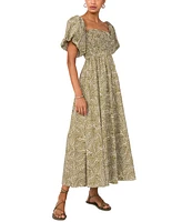 1.state Women's Printed Puff-Sleeve Midi Dress